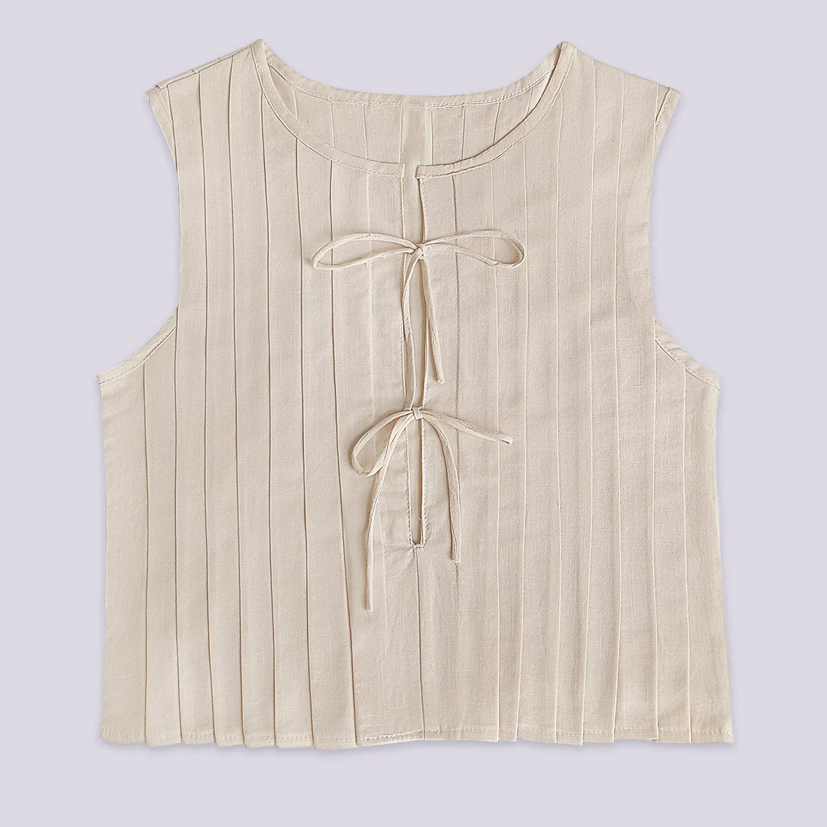 New Summer Women Y2K Korean White Linen Cotton Pleated Lace Up Sleeveless Short Shirt Crop Top Blouse Pleated Shirts Clothes voguable