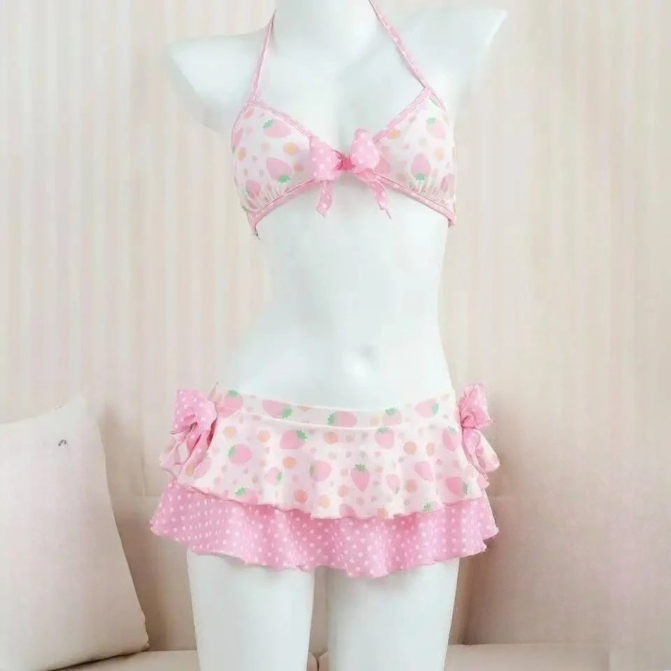 Voguable  Japanese Style Kawaii Girls Swimsuit Sweet Printed Halter Bikini Swimsuit Women Ruffle Bikini Set Bather Bathing Suit Swim voguable