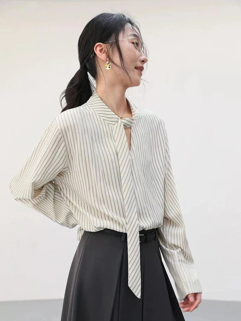 Elegant Lace Up Striped Blouse Women Fall Chic Hollow Out Long Sleeve Sweet Shirt Korean High Quality Loose Fashion New Top voguable