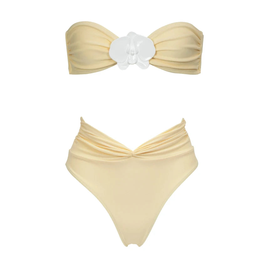 3Pcs Sexy Bikini Set Women Swimsuit 2025 Swimwear Female Yellow Bandeau Biquini Mesh Skirt Bathing Suit Summer Beach Outfits voguable