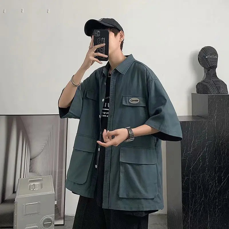 Voguable  Shirts for Men with Pocket Cargo Man Shirt Loose Korean Style Casual Asia Cool Hipster Original Half Sleeve Normal Collar I Xxl voguable