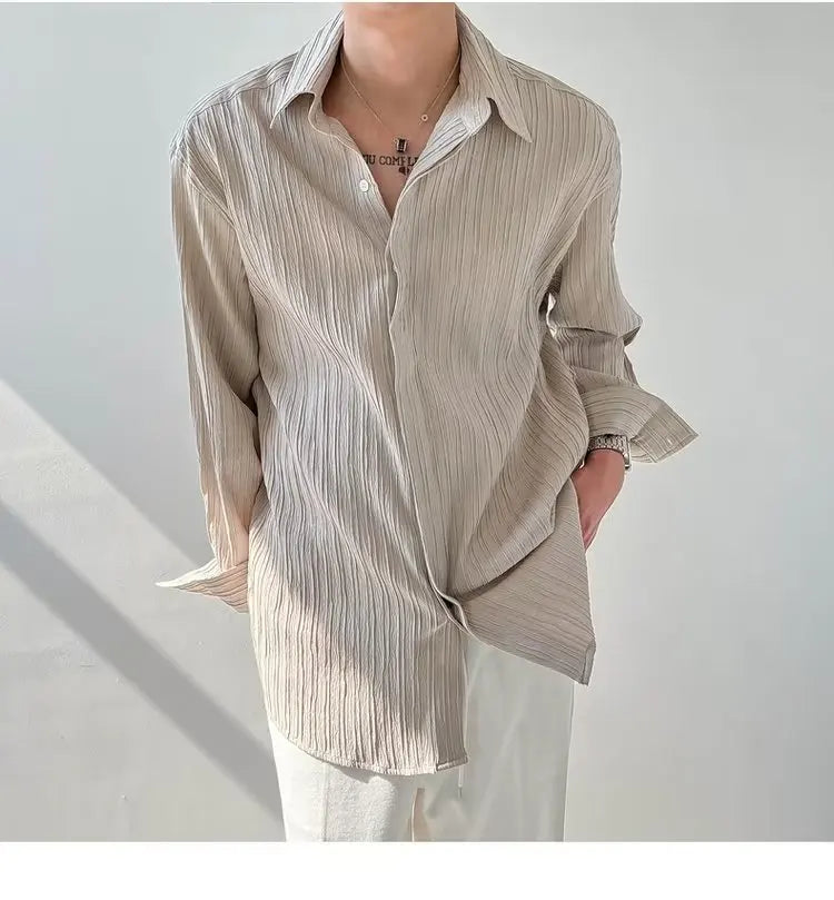 Black Apricot White Long-sleeved Shirt Men Fashion Social Mens Dress Shirt Korean Loose Casual Pleated Shirts Mens Formal Shirt voguable