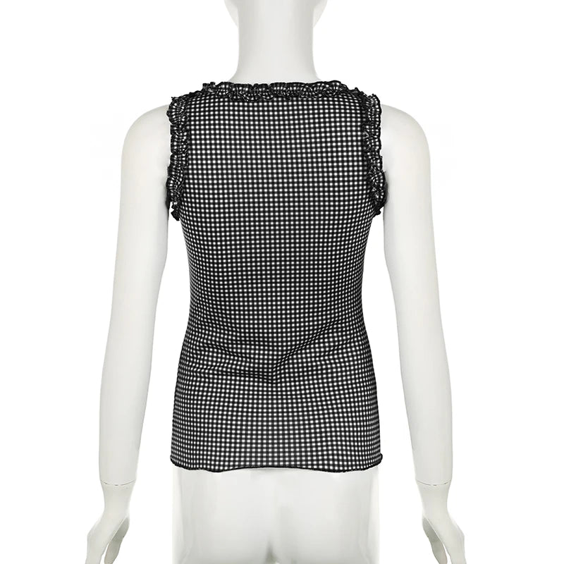 Voguable Y2K Checkerboard Tank Top Ruffle Square Collar Plaid Sleeveless Tops Coquette Aesthetic Contrast Bow Slim-fit Camisole voguable
