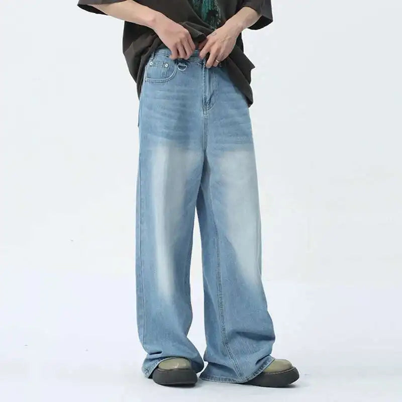Vintage Camouflage Men's Jeans Fashion Washed Casual Wide Leg Denim Pants Autumn Winter Loose Male Trousers Old Blue 9C354 voguable