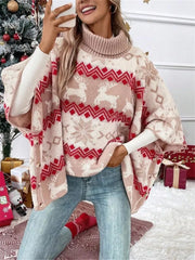 High Collar Christmas Elk Contrast Pattern Bat Sleeve Sweater New Year voguable