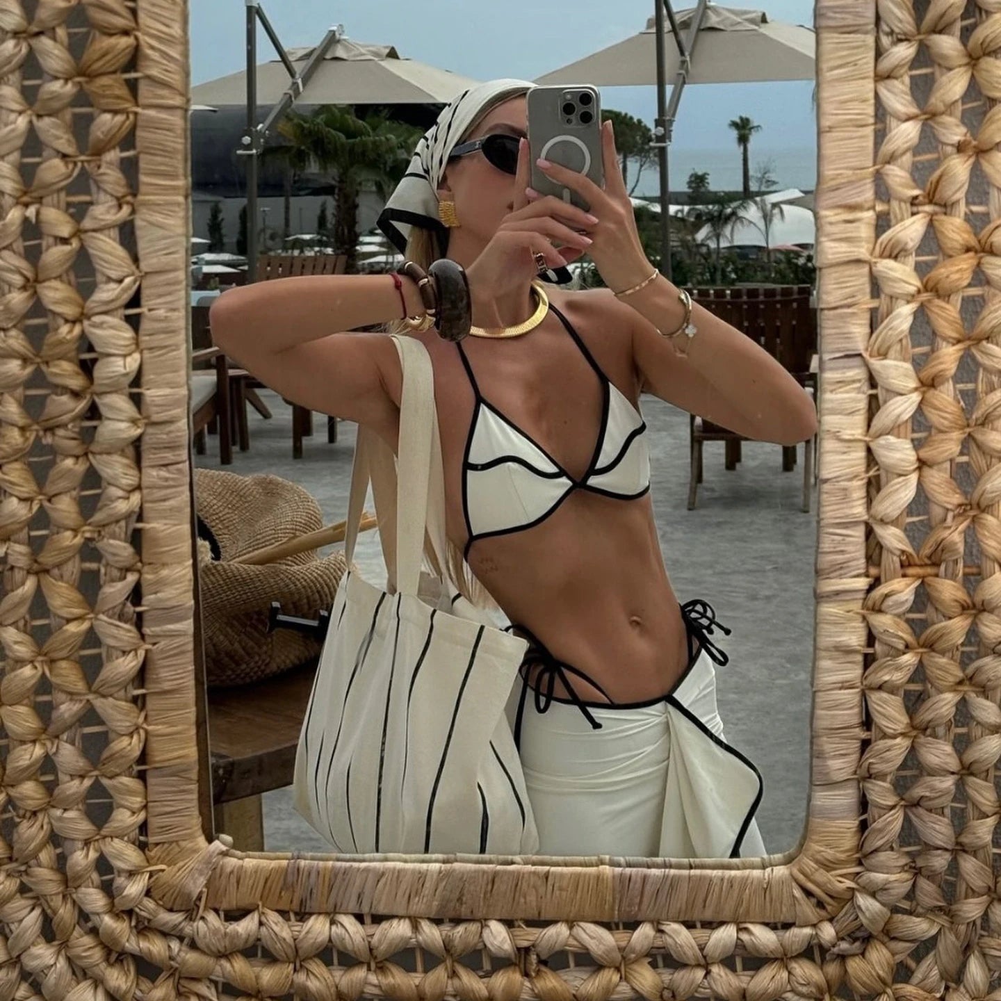 3 Pieces Sexy Bikini Set Black White Bikinis Women Swimsuit Female Elegant Swimwear Long Skirt Bathing Suit Beachwear Cover Up voguable