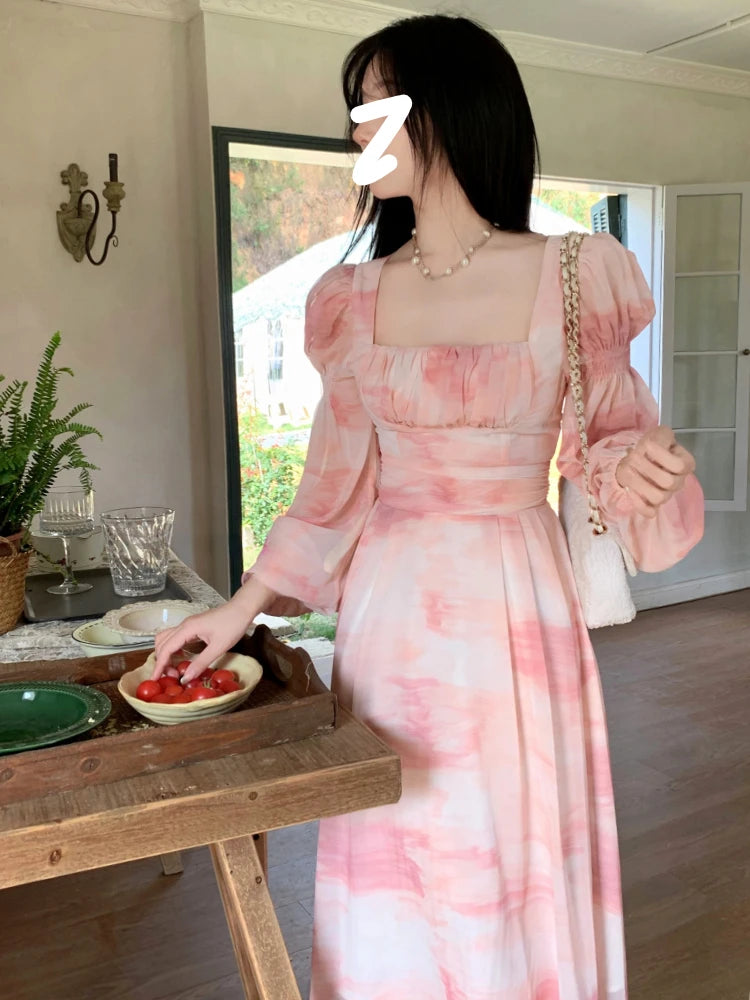 Voguable Chiffon Long Sleeve Floral Midi Dress Chic French Slim Elegant Women Dress Casual Fashion Beach Style Office Lady Dresses voguable