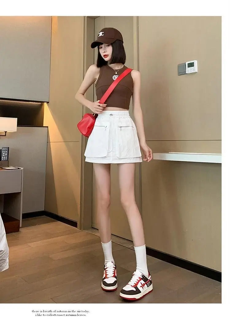 High Waist Drawstring Summer Women Short A Line Skirt Vintage Casual Cargo Big Zipper Pocket Skirt with Safety Shorts Hip Skirts voguable