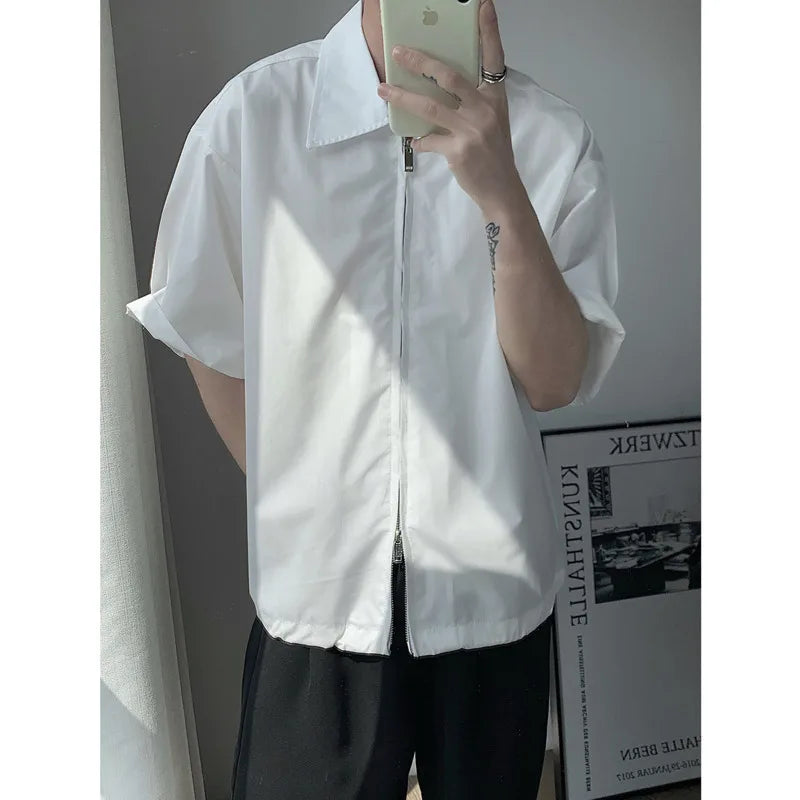 Voguable Summer Short Sleeved Shirt Men Fashion Oversized Zip Shirt Men Korean Loose Black White Dres Shirts Men Ice Silk Shirt M-2XL voguable