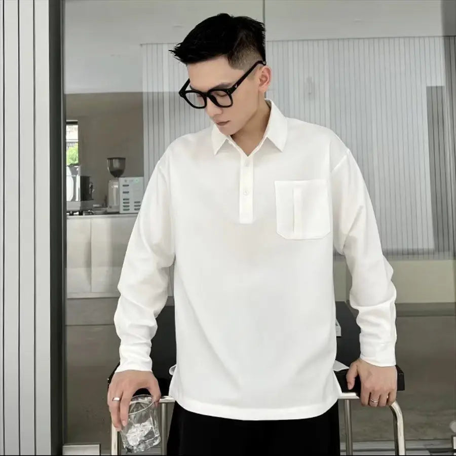 Elegant Fashion Harajuku Slim Fit Blusa Solid Button Pockets Thin Style Long Sleeve POLO Shirt Casual All Match Male Clothes voguable