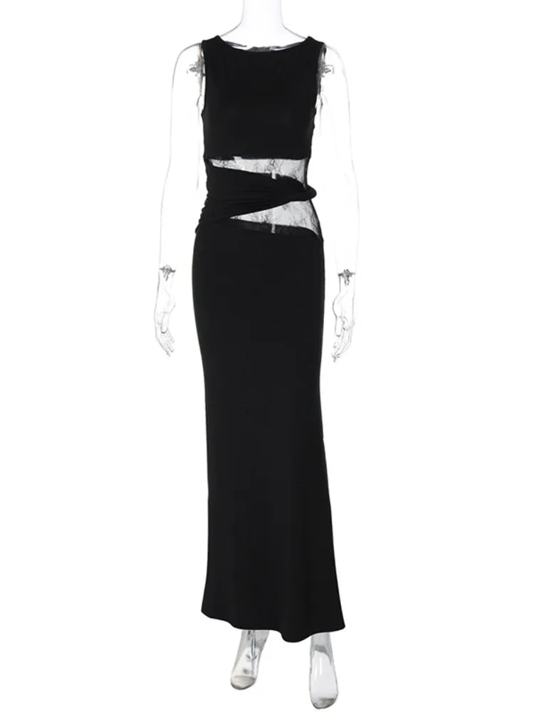 Sheer Lace Sleeveless Sexy Maxi Dress For Women Gown Summer Patchwork Fashion O Neck Bodycon Long Tank Dress Vestido voguable