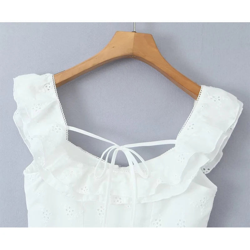 Women Hollow Out Embroidery White Tank Top Lace Trim Flying Sleeve Female Summer Crop Top Holiday voguable