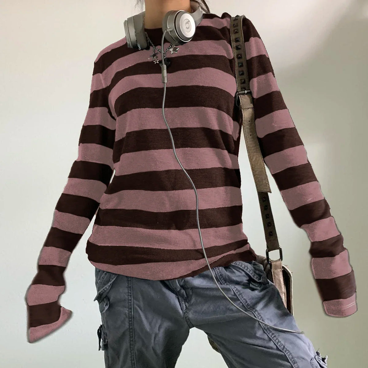 y2k Aesthetic T Shirt  Women Grey Striped Long Sleeve Tops Gothic E Girl Punk Dark Academia Clothes Streetwear voguable