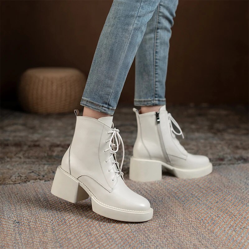 Retro Lace-up Mature Female Concise Women Ankle Boots Genuine Leather Thick Heels Autumn Winter Side Zipper Office Shoes Woman voguable