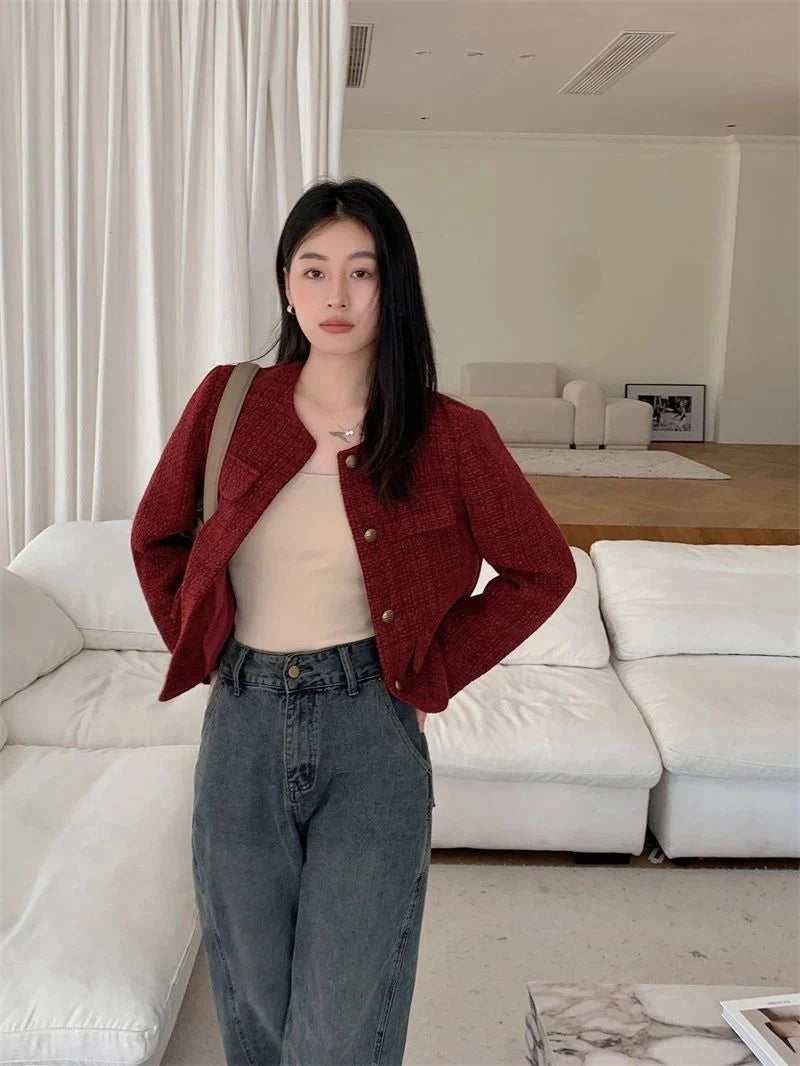 Zoki Women Slim Vintage Jacket Fall Winter Long Sleeve Sweet Elegant Coat French Casual Female O Neck Single Breasted Retro Tops voguable