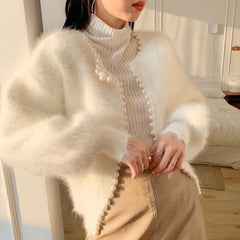 Imitation Mink Soft Women's Cardigan Temperament Pearls Detor Crew Neck Cardigan Woman Autumn Winter Long Sleeve Outwear Lady voguable