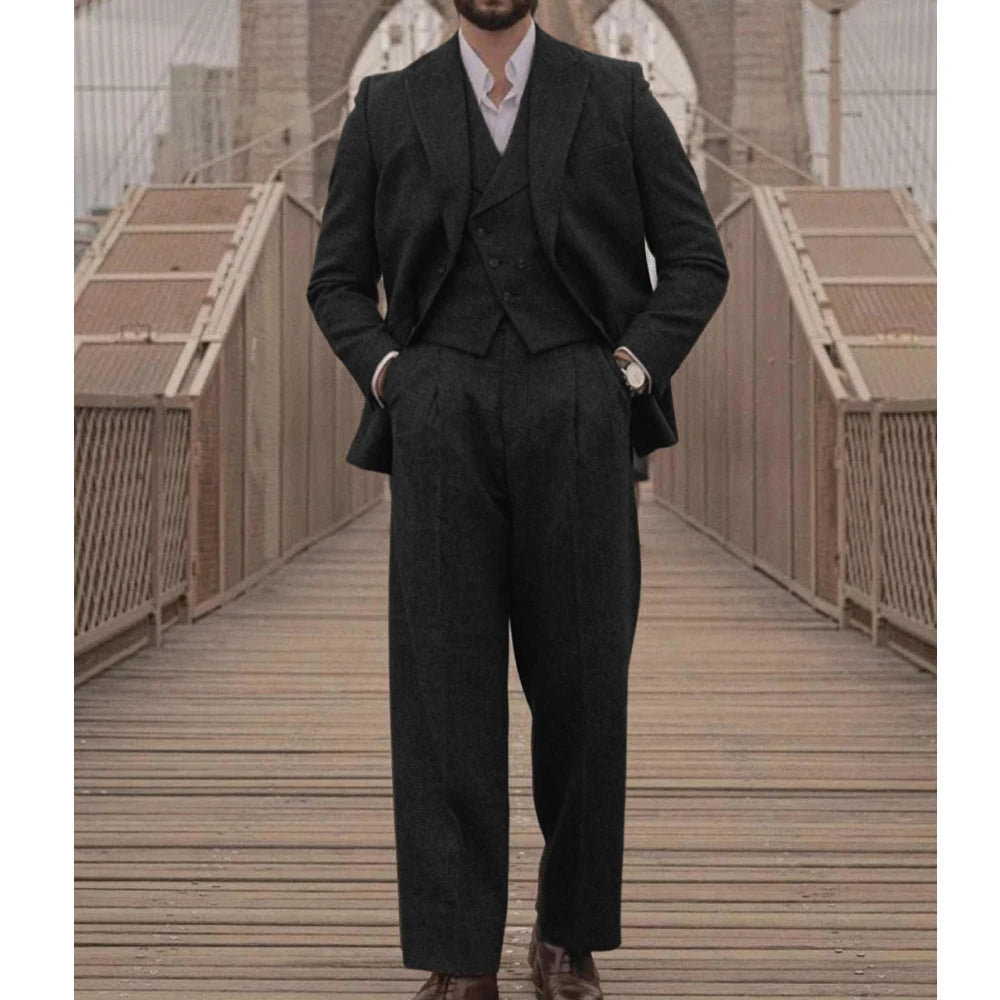 Voguable  Italian Vintage Wool Bblend Men's suit 3pc Set Suit Jacket Vest Pants High Quality Men's Wool Suit Set Sports Casual Suit Coat voguable