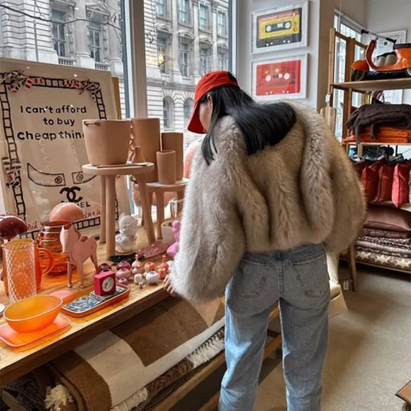 Street Fashion Week Luxury Brand Gardient Cropped Faux Fur Coat Women Winter  Hot Cool Girls Fluffy Short Fur Jacket voguable