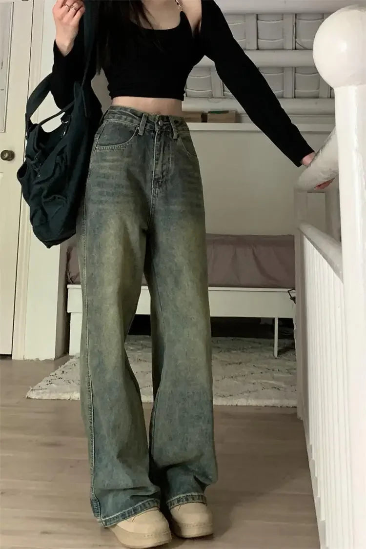 Vintage High-waisted Slimming Jeans American Style Casual Bell Bottoms Versatile Straight-leg Long Pants For Women voguable