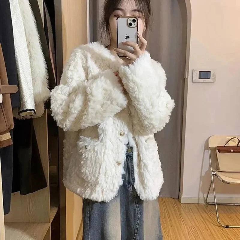 Winter Sweet Korean Faux Lamb Coat Women Vintage Warm Thick Long Sleeve Cute Jacket Casual O Neck Pockets Elegant White Tops New voguable