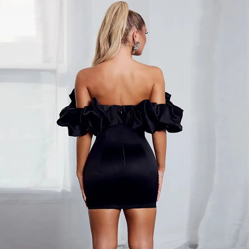Satin Ruffles Sleeve Summer Dresses Backless Strapless Bodycon White Dress Short Sexy Party Dress Nightclub Vestidos voguable