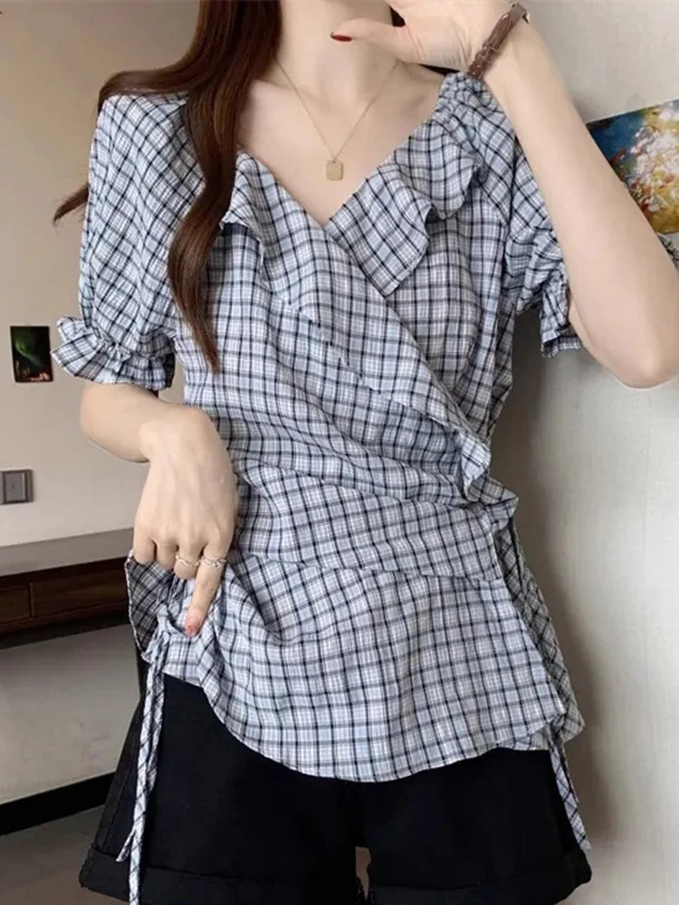Ruffles Vintage Plaid Blouse Women Causal Sweet Slim Short Sleeve Shirt Korean Retro Female Lace Up Elegant Design Tops New voguable