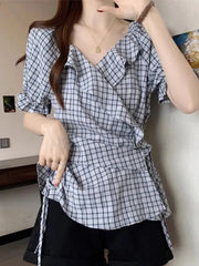 Ruffles Vintage Plaid Blouse Women Causal Sweet Slim Short Sleeve Shirt Korean Retro Female Lace Up Elegant Design Tops New voguable