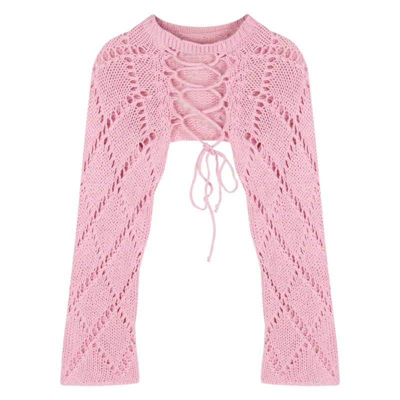 Voguable 2024 Summer New Korean Hollow Sexy Backless Lace-up Solid Color Long-sleeved Sweater Women + Basic Camisole Two-piece Suit voguable
