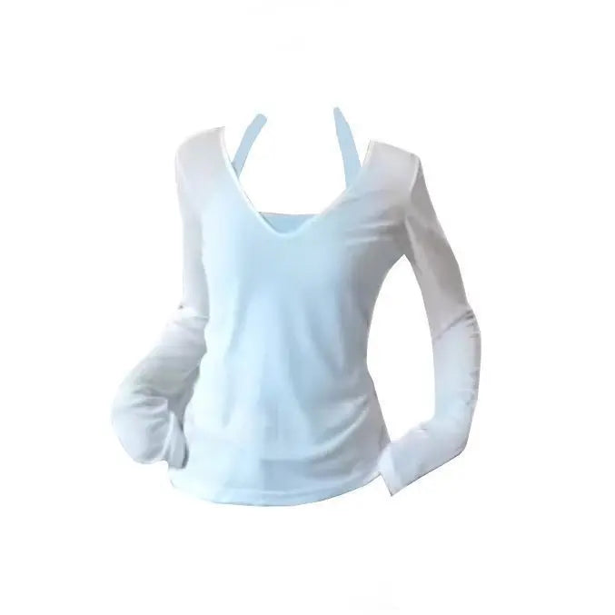 Long Sleeve Women Sun-protective T-shirts+ Camisole Set Korean Slim Basic Elasticity Pullovers Thin Perspective Sexy 2 Piece Set voguable