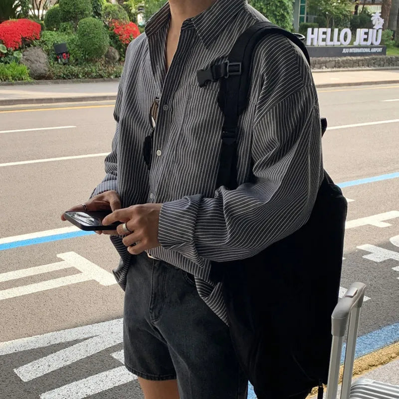 Voguable Men's Blue Vertical Striped Long-Sleeved Shirt, Korean Style High Quality Casual  Shirt Coat voguable