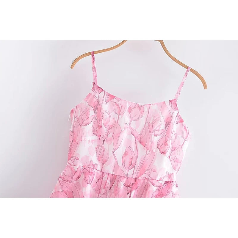 Voguable  Sweet Women Pink Floral Print Sexy Sling Mini Dress Sleeveless Female A-line Mini Summer Dresses Holiday Robe voguable