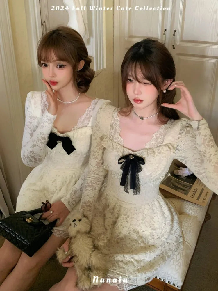 Women's Vintage Lace Short Dresses Bow Long Sleeves Ruffles Square Collar A-Line Fashion Dress 2025 New Korean Prom Vestidos voguable