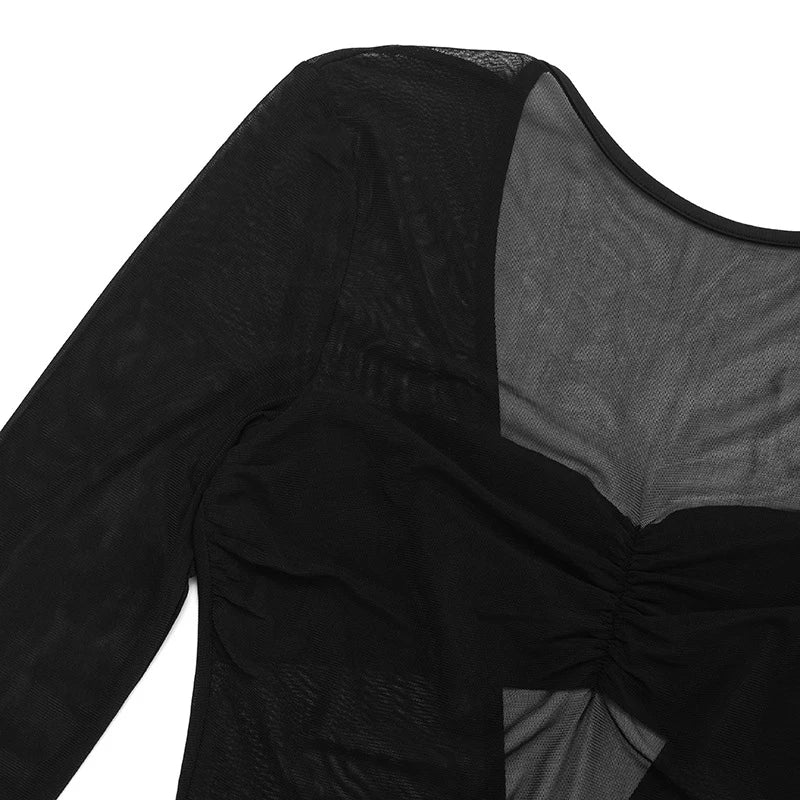 Voguable  Women's Autumn Mesh Patchwork Y2k Black Sexy Mesh Ruched Sheer Long Sleeve Romper Backless Bodycon Club Playsuits Outfits voguable