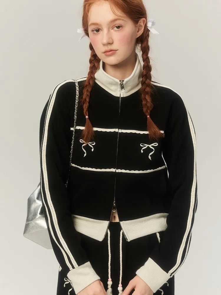 American Retro Lace Embroidery Zip Up Hoodie Bow Graphic Stand Collar Sweatshirt Causal Track Cardigan Kpop Clothes Chic voguable