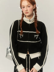 American Retro Lace Embroidery Zip Up Hoodie Bow Graphic Stand Collar Sweatshirt Causal Track Cardigan Kpop Clothes Chic voguable
