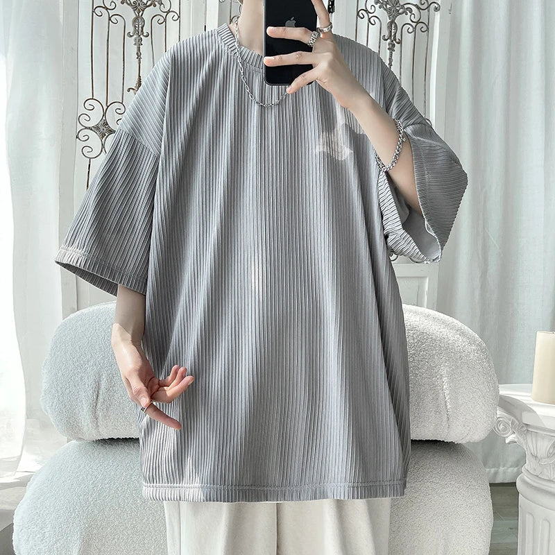 Ice Silk Striped Oversized Cool T Shirts Men Summer Half Sleeve Fashion Harajuku T-Shirt Male Solid Simple Daily Casual Tees gotmes-shop