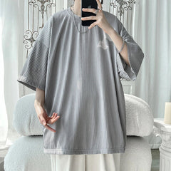 Ice Silk Striped Oversized Cool T Shirts Men Summer Half Sleeve Fashion Harajuku T-Shirt Male Solid Simple Daily Casual Tees gotmes-shop