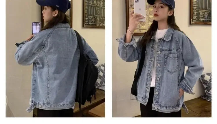 Vintag Distressed Autumn New Denim Jackets Women Lapel Solid Pockets Button High Street Long Sleeve Loose Short Cowboy Coats Top voguable