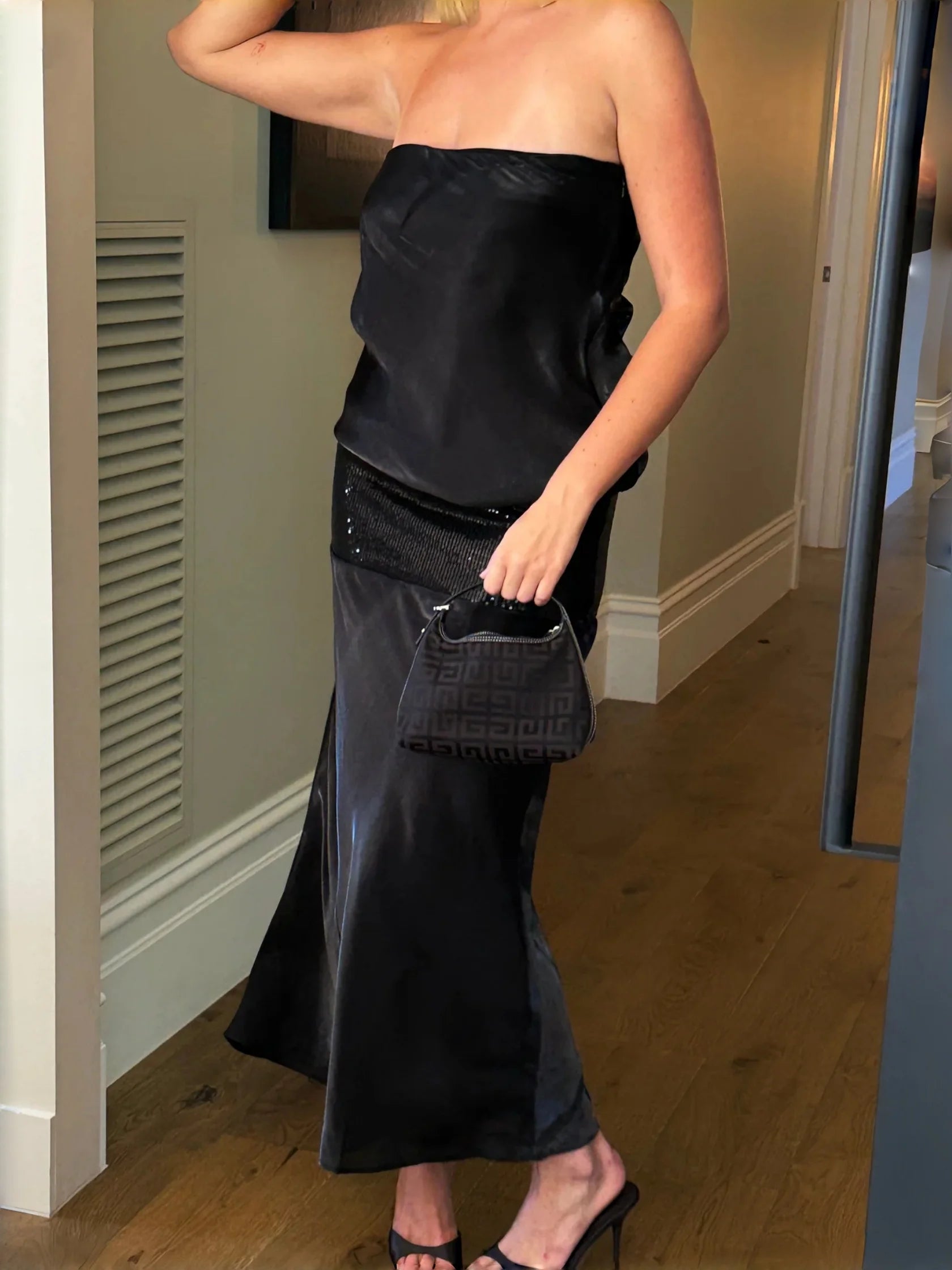 Voguable  Women Strapless Maxi Dress Sheer Draped Sequin Waist Slim Bodycon Sexy Y2K Party Club Evening Bodycon Vacation Outfit voguable