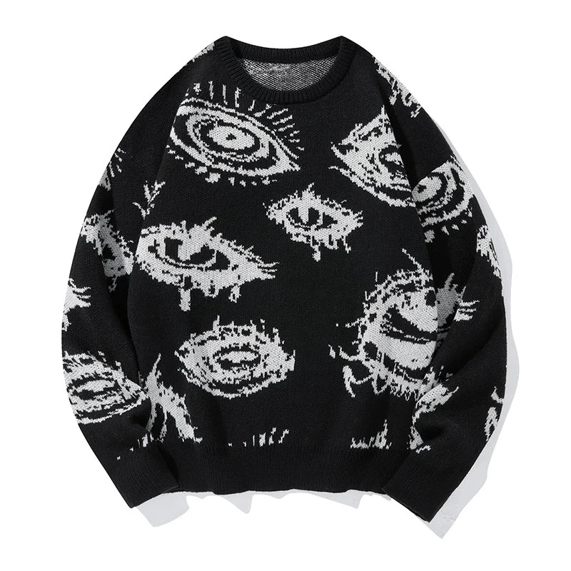 New American Trendy Men Sweater High Street Dark Eyes Printed Knit O Neck Long Sleeve Pullover Casual Loose High Street Knitwear voguable