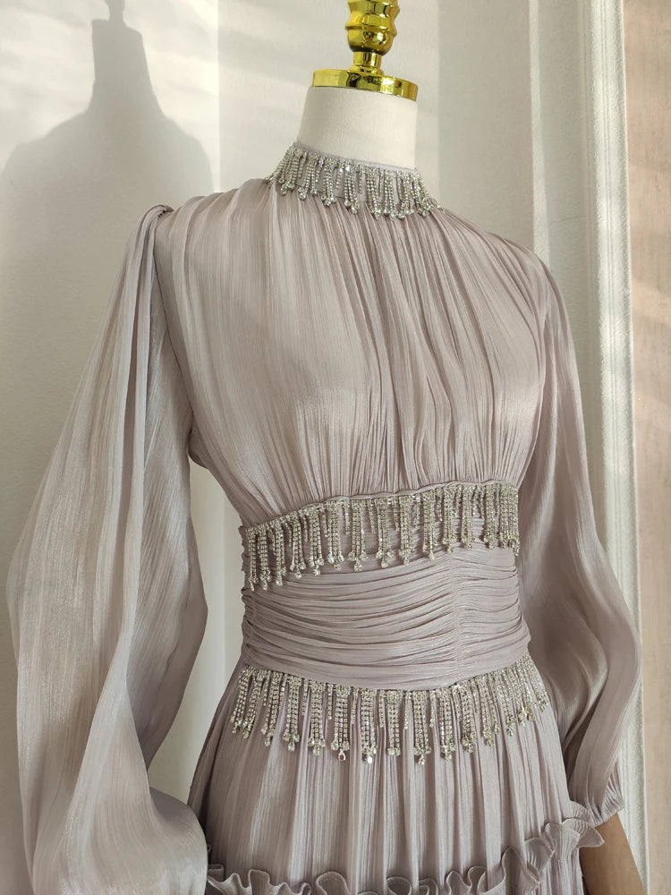 French Niche Design Diamond Spliced Pleats Bright Silk High Waist Dresses For Women Long Sleeve Maxi Dress New voguable