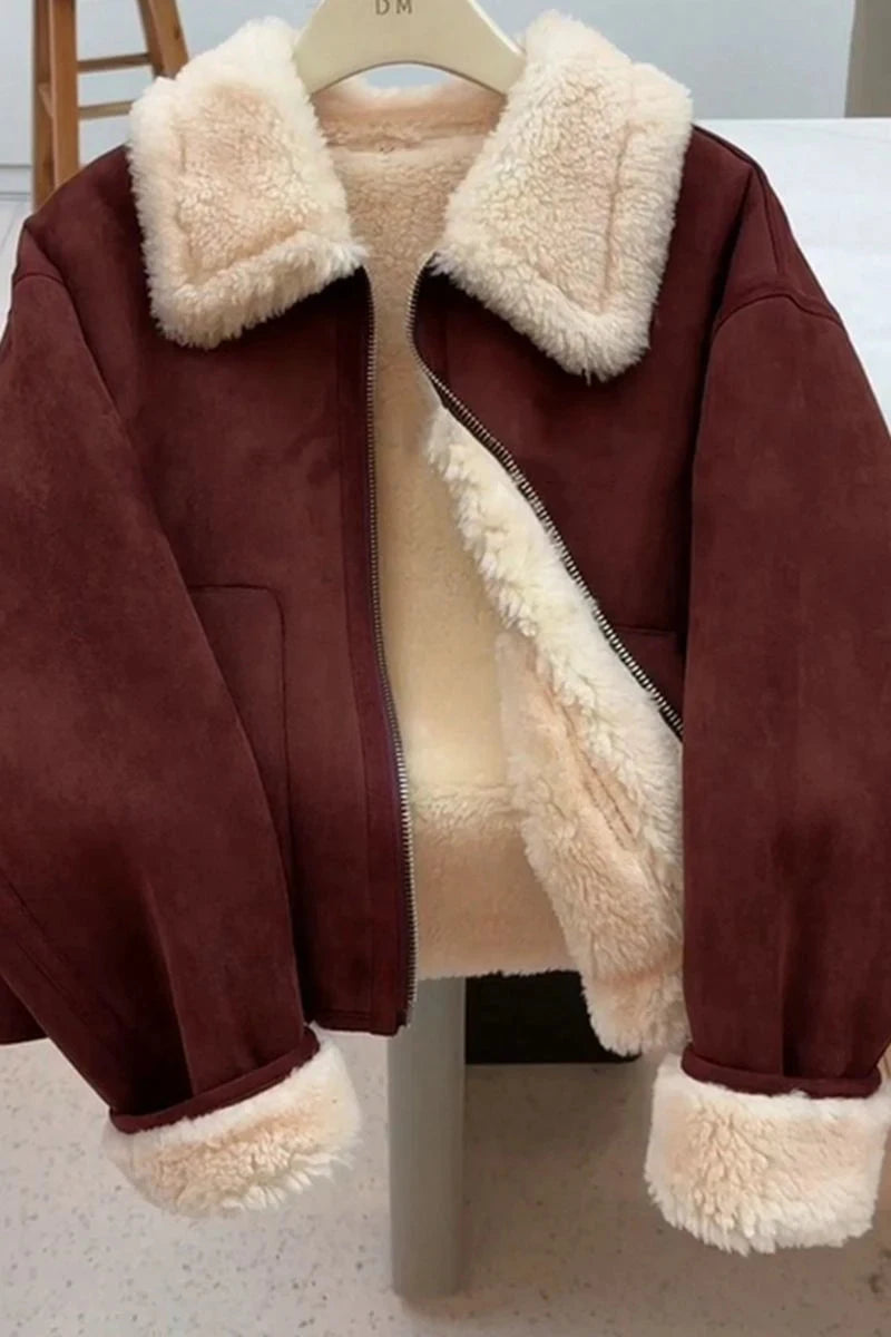 Faux Lamb Suede Jacket Women Winter Warm Long Sleeve Vintage Cotton Coat Korean Casual Lady Thick Long Sleeve Retro Tops voguable