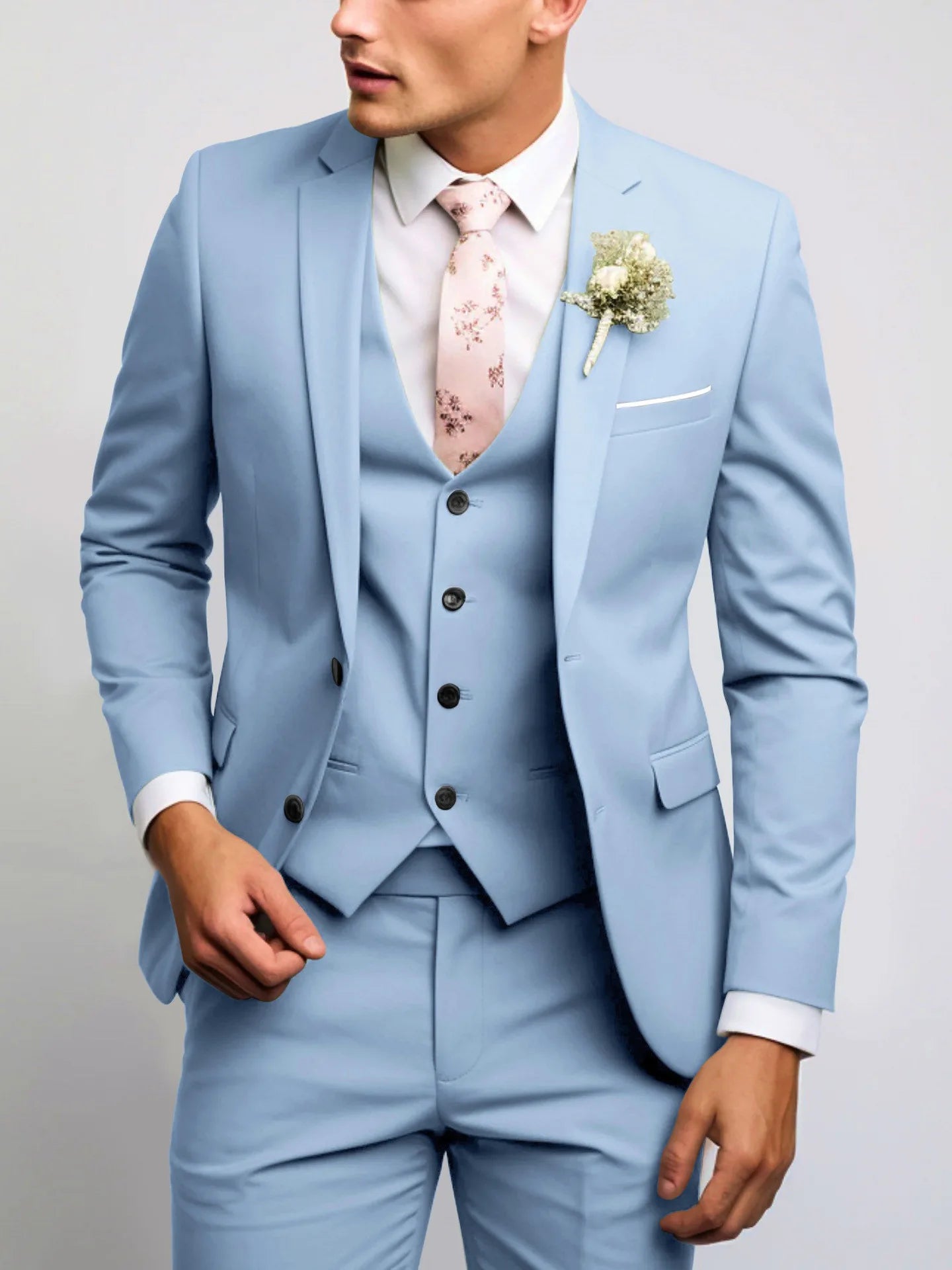 Voguable  3 Pieces Suit Fashionable and Formal Gentle Trend Solid Color Men's Business Casual Fit Wedding Host Gentle Suit voguable