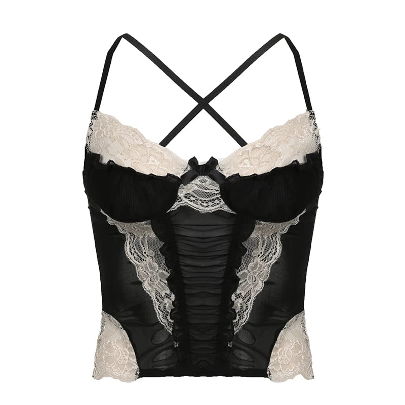 Voguable  y2k Lace Patchwork Purple Coquette Mesh Corset Women Sexy Backless Criss-cross Halter Camis Sweet Aesthetic Crop Top voguable