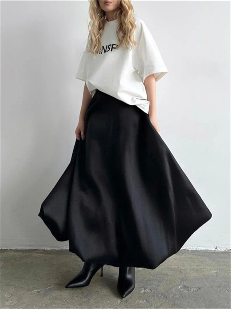 TARUXY Silk Satin White Maxi Skirt Long Ruffled Pleated Skirts Elegant Lantern Pants A-Line Silk Long Skirts For Women 2023 New voguable