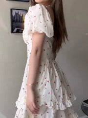 Voguable  Summer Sexy Corset Style Fruit Cherry Print Mini Dress White Retro Women Slim Waist Ruffles Hem Lantern Sleeve Cake Robe voguable
