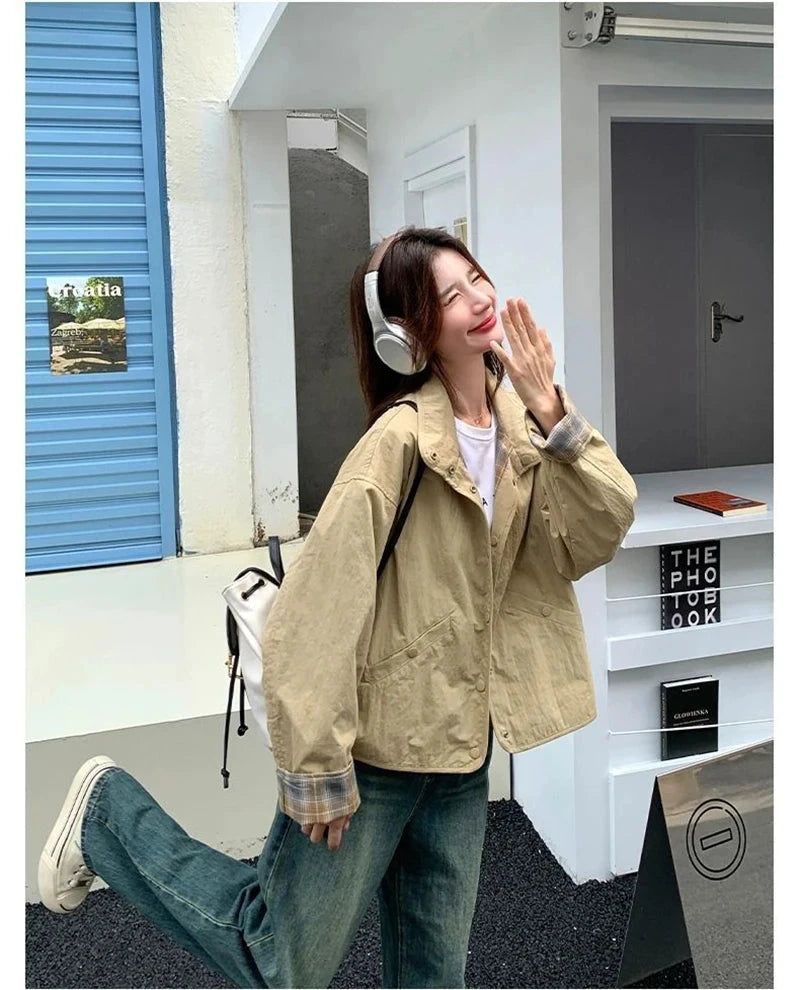 Vintage Plaid Cargo Jacket Women Retro Double Sided Wear Preppy Style Sweet Coat Korean Fall Winter Long Sleeve Pockets Top voguable