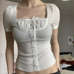 Fairycore Top y2k Women Sexy Coquette Clothes Lace Trim Square Collar Short Sleeve T Shirt 2000s Aesthetic Clothing voguable