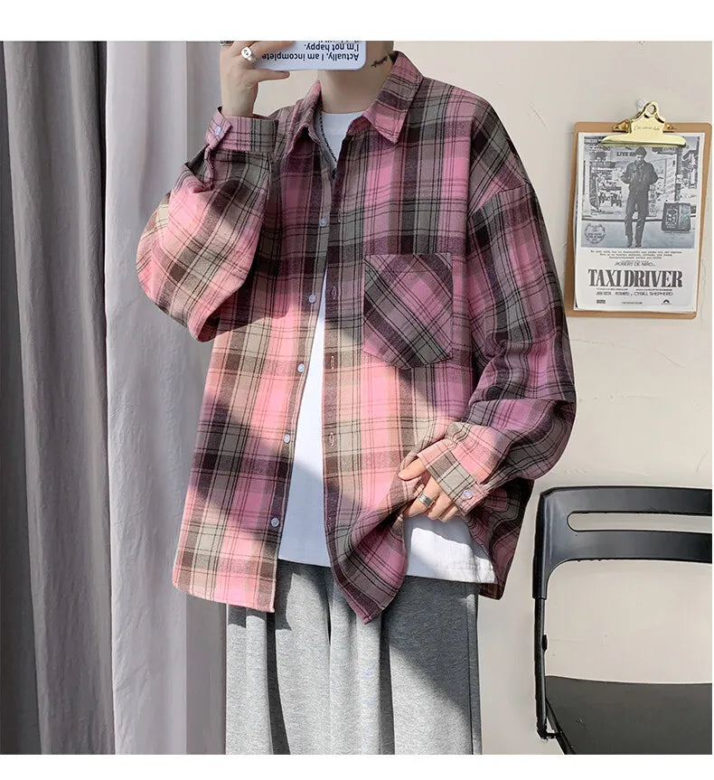 Harajuku Long Sleeve Plaid Shirts Men Big Size M-5XL Autumn Chic Loose Vintage High Street All-match Gentleman Camisa voguable