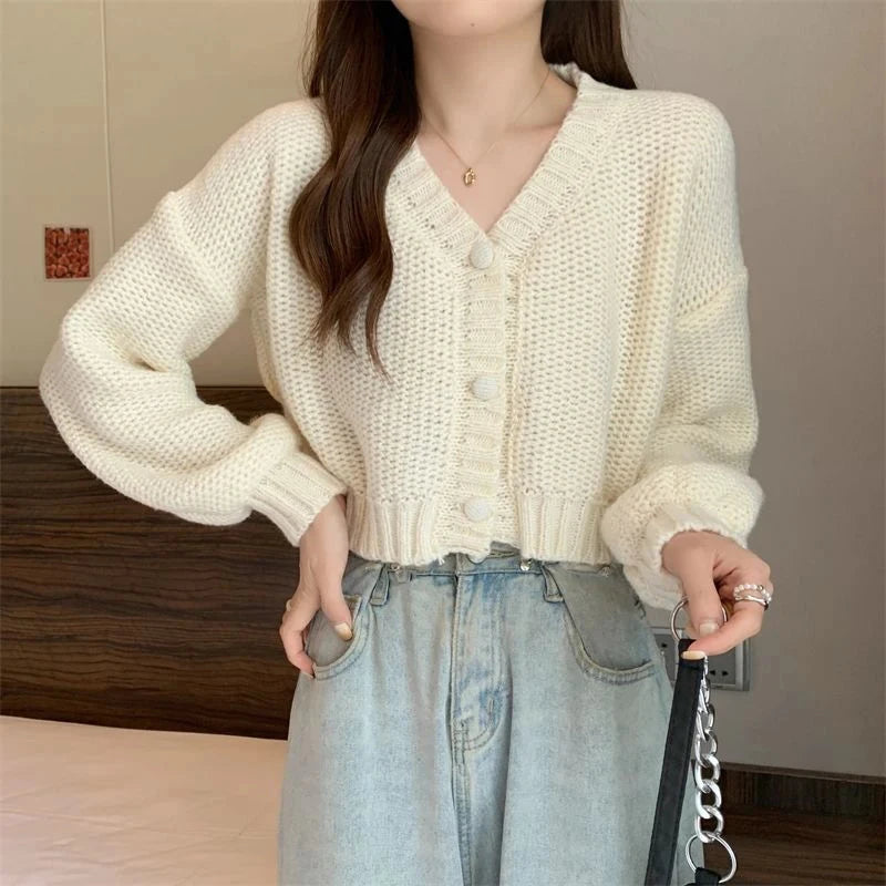 Sexy Cropped Sweet Cardigan Women V Neck Vintage Slim Long Sleeve Knitted Sweaters Korean Causal Simple Solid Lady Fall Tops New voguable